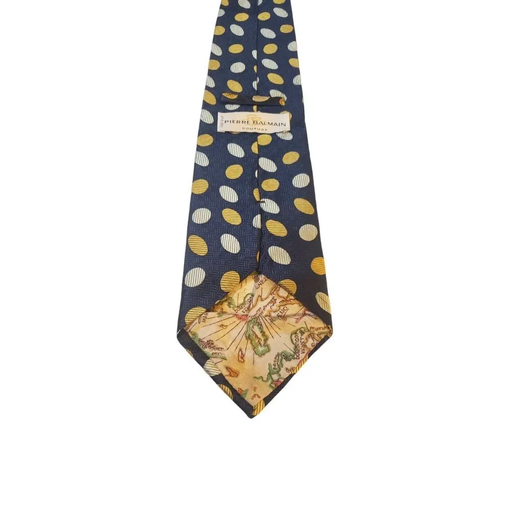 Pierre Balmain Couture Neck Tie Mens 100% Silk Navy Yellow Polka‎ Dots Business